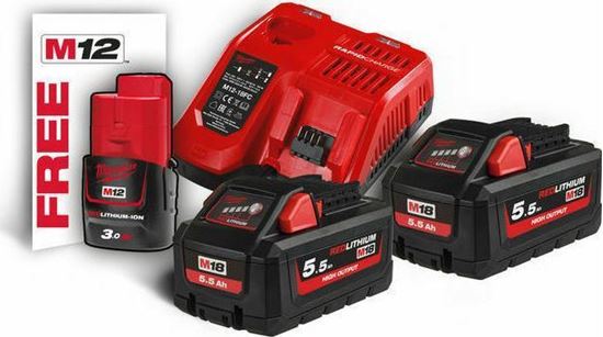 Снимка на Акумулаторен стартов сет Milwaukee M18HNRG-552 NRG, 2 батерии 5.5 Ah + Бонус батерия 12V , 3Ah,4933464713