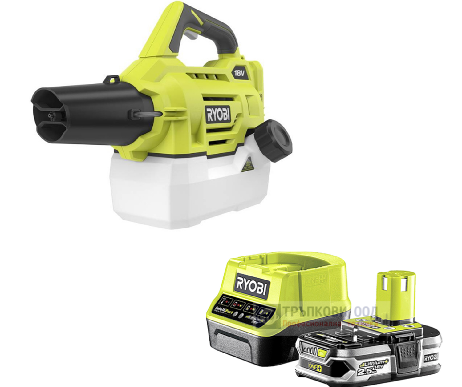 Снимка на Аерозолен генератор RYOBI RY18FGA-0,18V,5133004912+Акумулаторен сет RYOBI RC18120-125 Li-Ion battery ONE+ 2.5Ah + ЗАРЯДНО,5133003359 