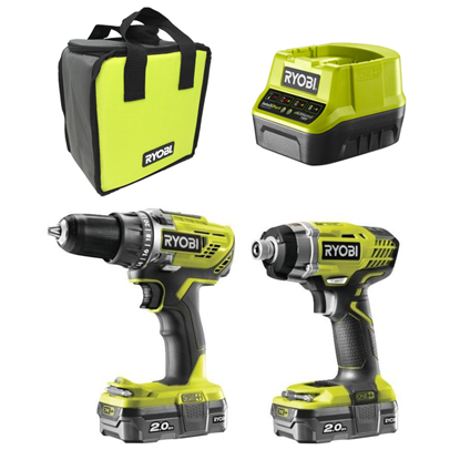 Снимка на  Акумулаторен комплект 18V Винтоверт+ Гайковерт RYOBI, 2 батерии x2.0 Ah, R18DDID-220S,5133003577