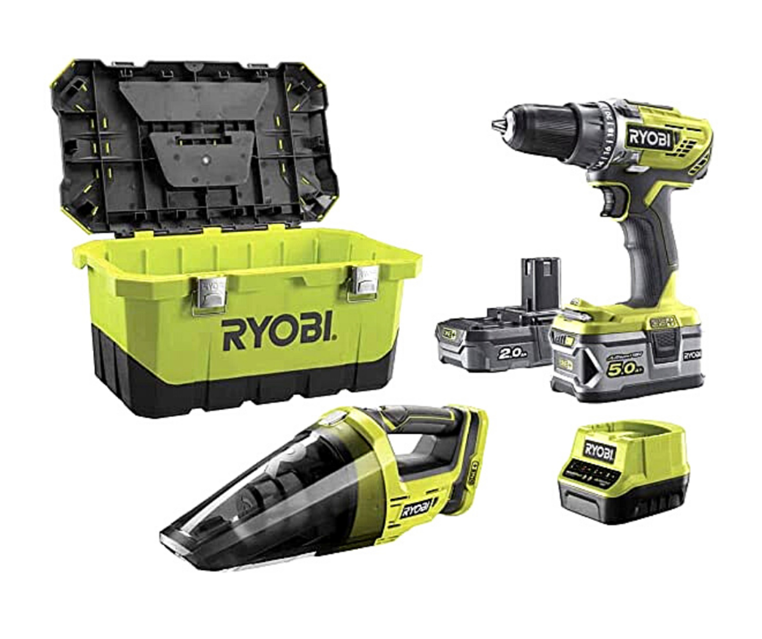Снимка на Акумулаторен пакет RYOBI R18DD3-252VT,18V,1х батерия-2.0Ah и 1xбатерия 5.0Ah,бързо зарядно у-во,5133004292