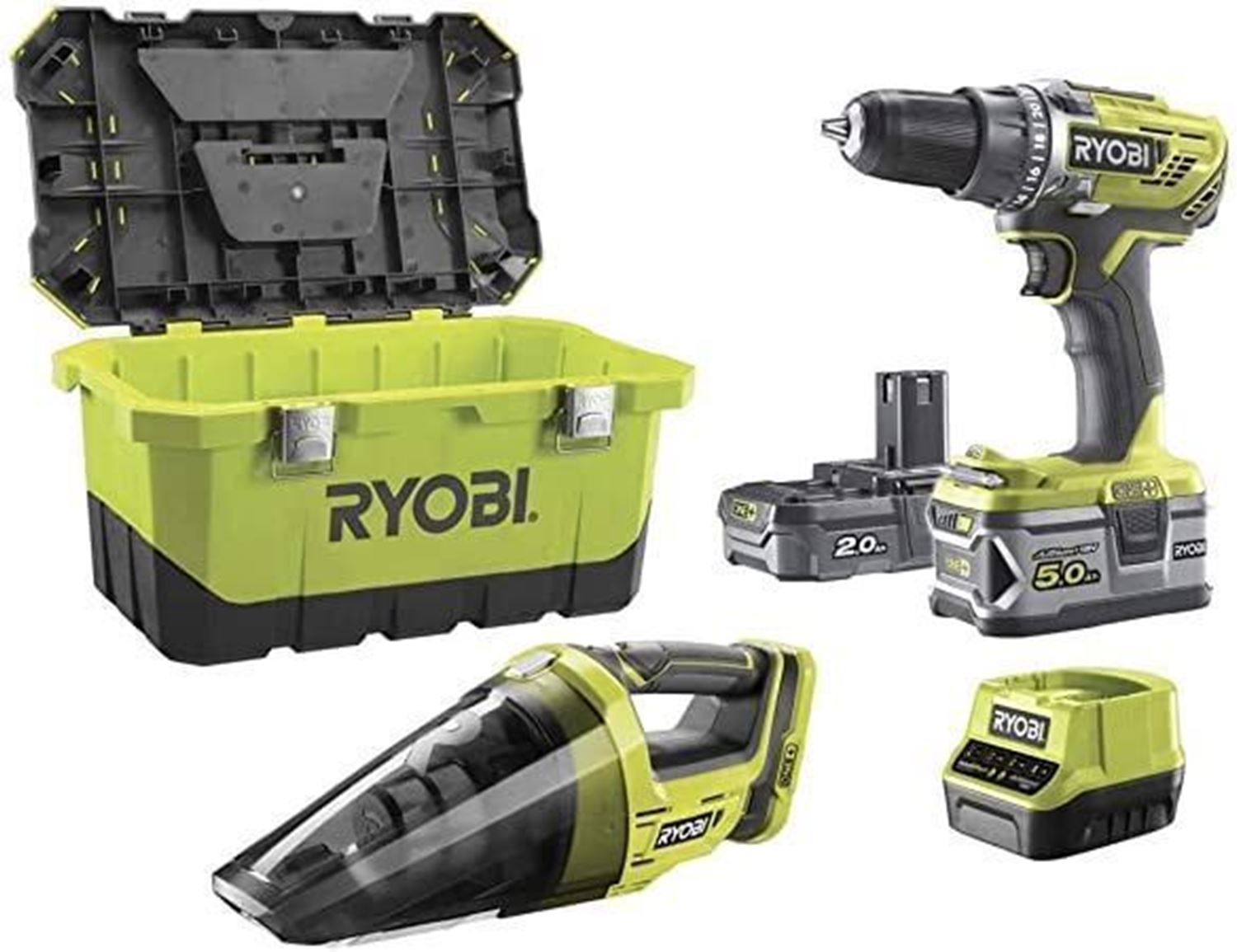 Снимка на Акумулаторен пакет RYOBI R18DD3-252VT,18V,1х батерия-2.0Ah и 1xбатерия 5.0Ah,бързо зарядно у-во,5133004292