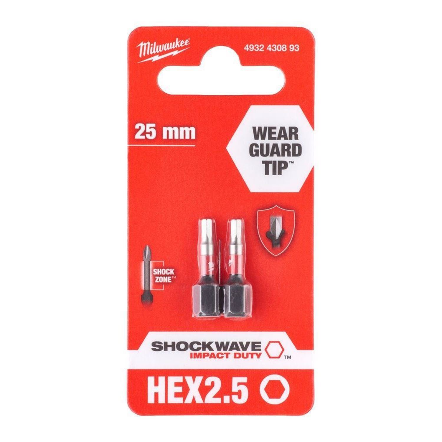 Снимка на Комплект накрайници Milwaukee SHOCKWAVE шестостен HEX2.5 25mm,2бр.,4932430893