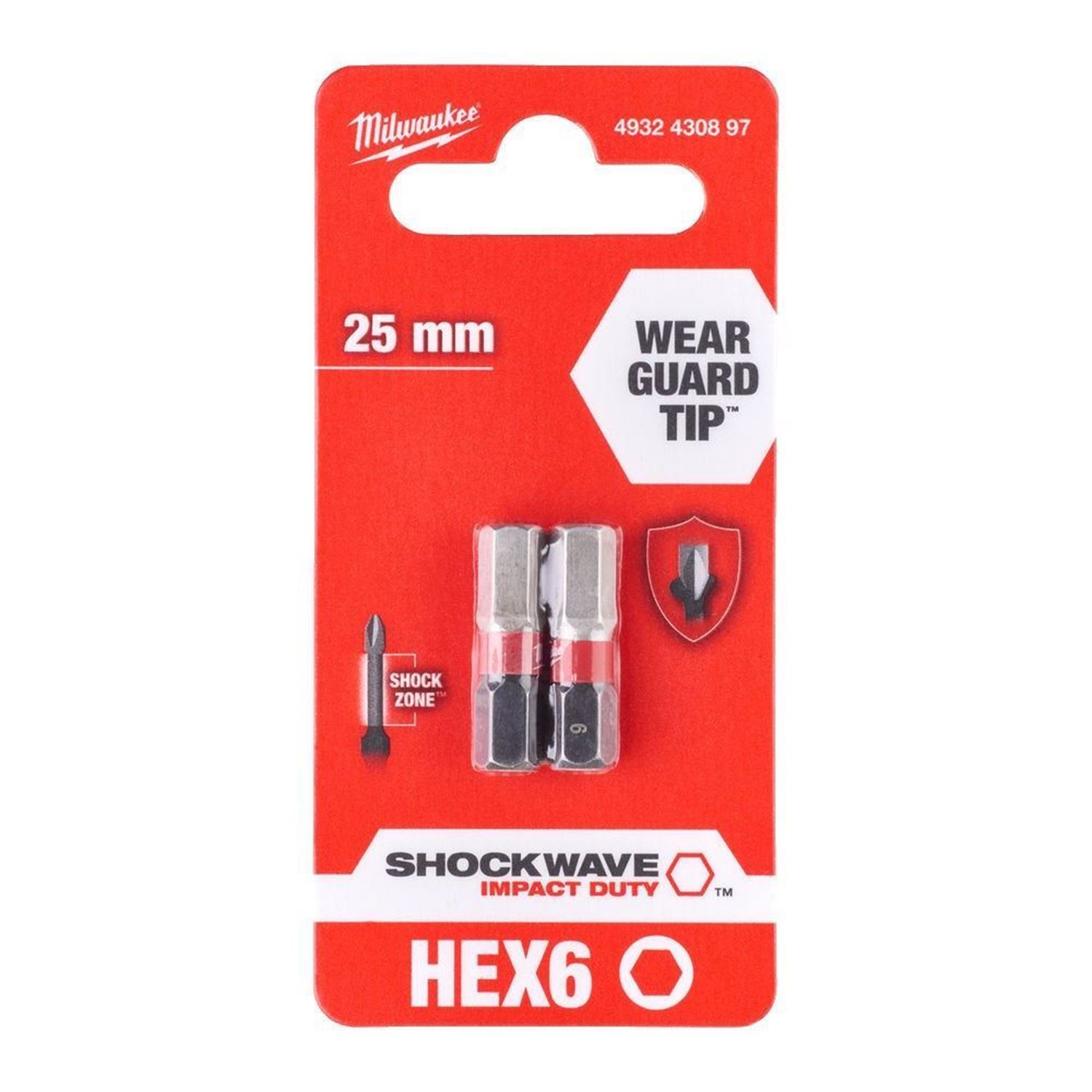 Снимка на Комплект накрайници Milwaukee SHOCKWAVE шестостен HEX 6 25mm,2бр.,4932430897