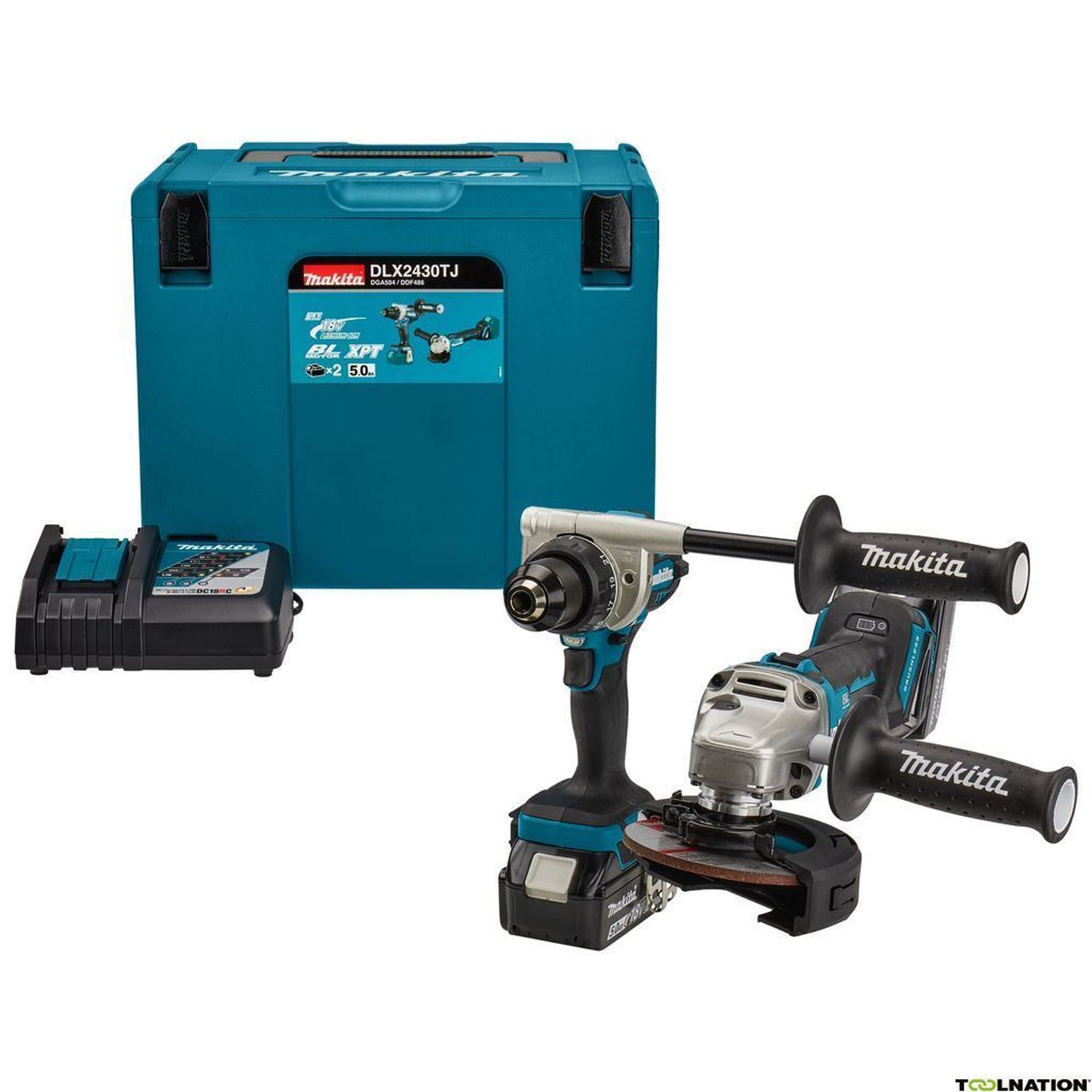 Снимка на Акумулаторен комплект Makita DLX2430TJ ,Ак. винтоверт DDF486, Ак. ъглошлайф DGA504,Зарядно DC18RC , 2бр.x BL1850B 5.0Ah,