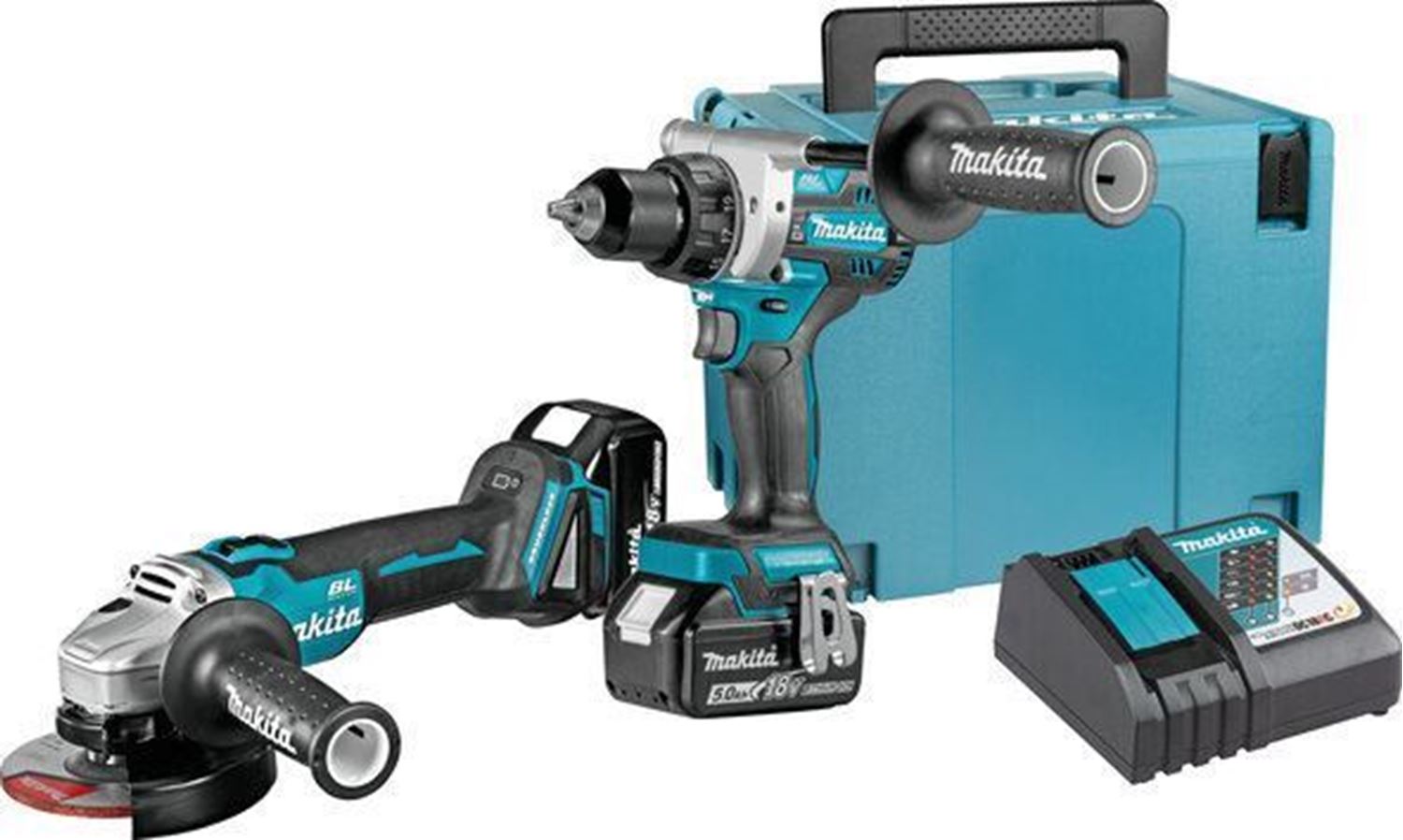 Снимка на Акумулаторен комплект Makita DLX2430TJ ,Ак. винтоверт DDF486, Ак. ъглошлайф DGA504,Зарядно DC18RC , 2бр.x BL1850B 5.0Ah,