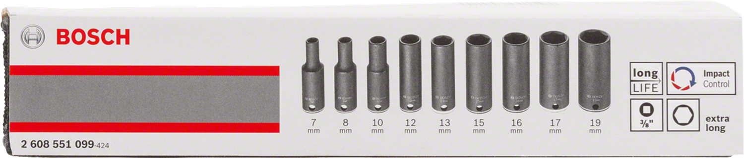 Снимка на  Комплект вложки за глух ключ, 9 части;63 mm; 7, 8, 10, 12, 13, 15, 16, 17, 19 mm;3/8"; 2608551099