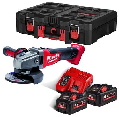 Снимка на Промо PACKOUT Акумулаторен ъглошлайф Milwaukee M18CAG125X+Бат.2xM18HB5.5Ah+Зар.M12-18FC+PACKOUT куфар
