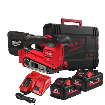 Снимка на Акумулаторен лентов шлайф Milwaukee M18FBTS75-552X ,бат. 2x M18HB5.5 5.5Ah,зар. M12-18FC, куфар, 4933479615