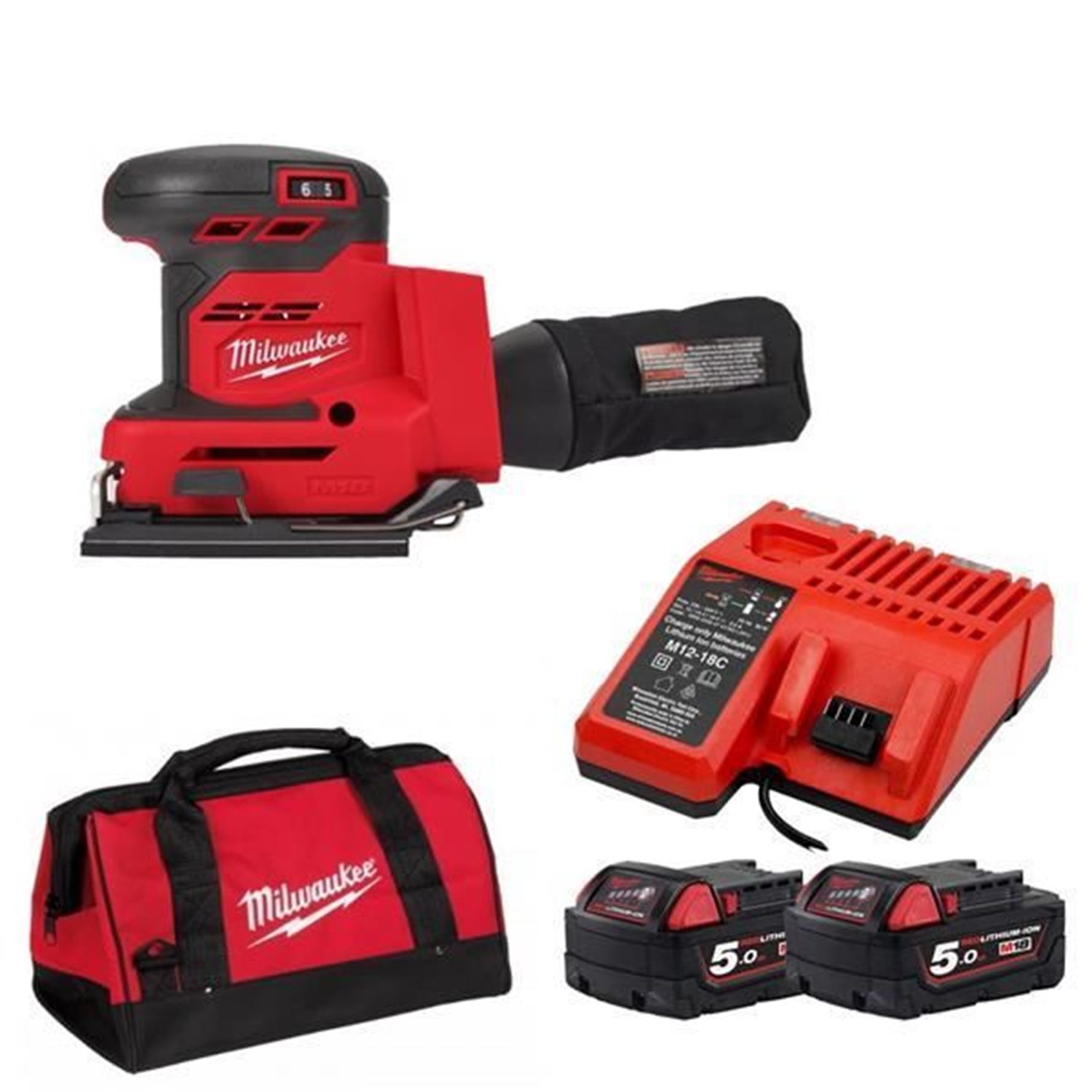 Снимка на Акумулаторен виброшлайф Milwaukee M18BQSS-502B, бат. 2бр.x M18B5 5.0Ah, зар. M12-18C, чанта, 4933479967