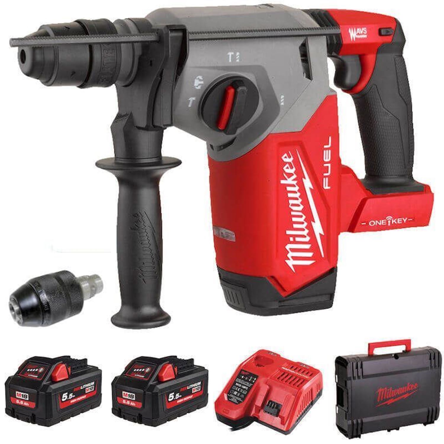 Снимка на Акумулаторен комбиниран перфоратор Milwaukee M18ONEFHX-552X,SDS-Plus,2.5J,патронник 0-13мм.,бат. 2х M18HB5.5 5.5Ah,4933478504