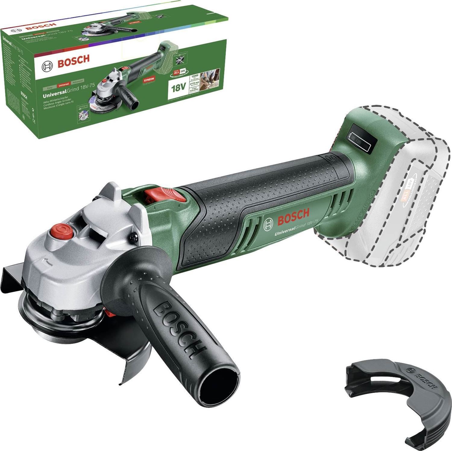 Снимка на Акумулаторен ъглошлайф UniversalGrind 18V-75 (115 мм),Solo,06033E5000,Bosch